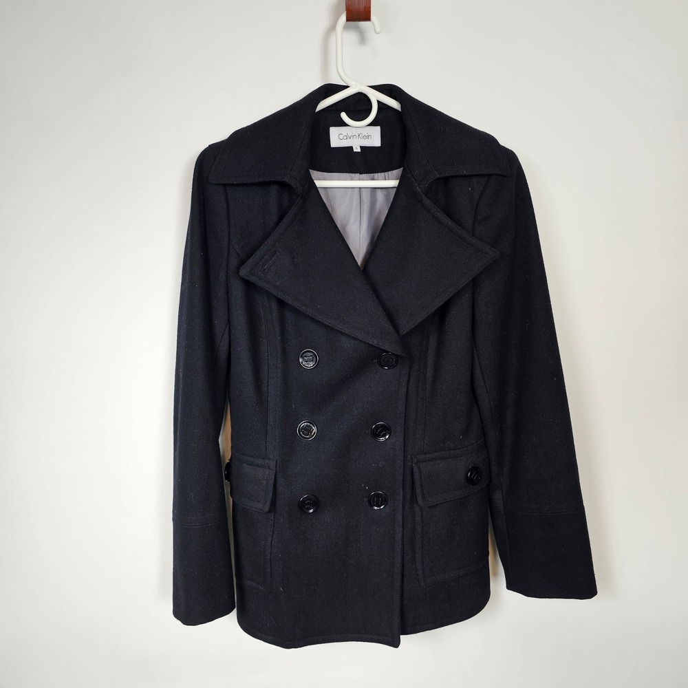 Calvin Klein Black Wool Blend Double Breasted Pea Coat Jacket Women's